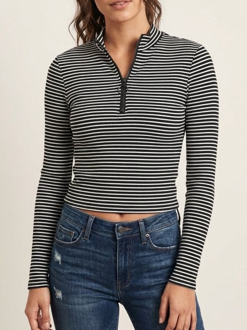 Hollister Striped Quarter Zip Mock Neck Ribbed Long Sleeve Crop Top Medium